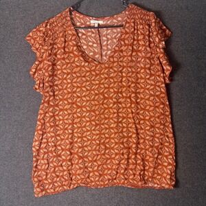Maurices Womens XXL Blouse Modest Terracotta Print Flutter Sleeve V-Neck Artys